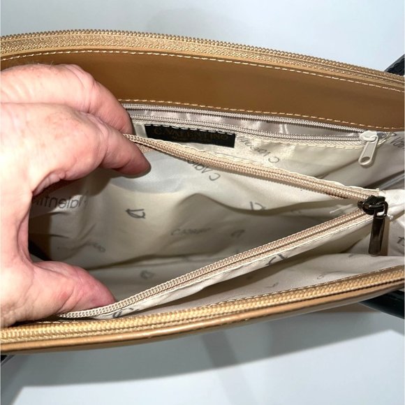 Vintage C. Valentino Handbag - Tan Leather With Black Shoulder Straps - Picture 7 of 11